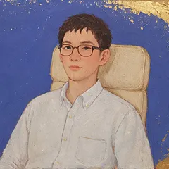 Painted portrait of Qian Li, wearing glasses and a white shirt, seated in a cream chair against a blue background.